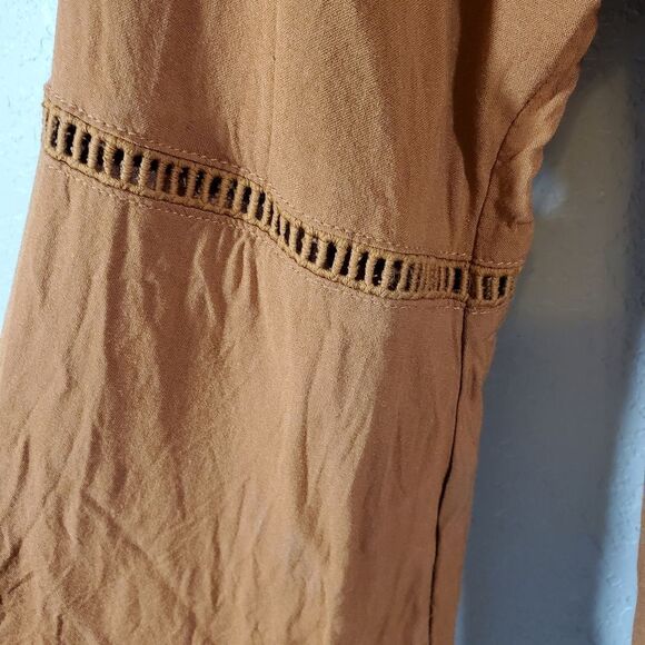 Xhilaration Floral Embroidered Bell Sleeve Caramel Boho Peasant Fall Dress - Picture 6 of 8